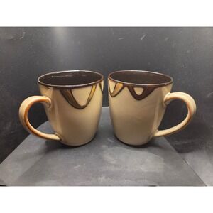Pier 1 Imports Wave Mugs Set of 2 Tan Brown Rustic Stoneware Coffee Cups